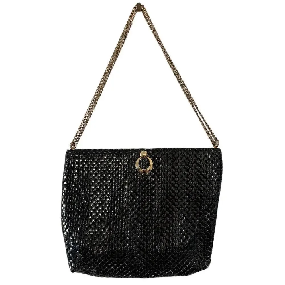 Vintage 1960s Whiting & Davis Black Metal Mesh Evening Crossbody Shoulder Bag